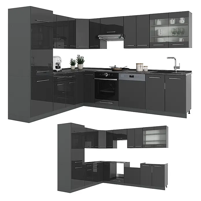 Vicco Eckküche Fame-Line Anthrazit Hochglanz ohne Arbeitsplatte - B x T: 287 x 51,6 cm, Anthrazit Hochglanz, Ohne Elektrogeräte - Dunkelgraue Hochglanz L-förmige Modulküche mit verschiedenen Schränken, integrierten Geräten und Arbeitsplatte.