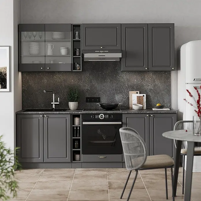 Vicco Küchenzeile Fame-Line Anthrazit-Gold Landhaus ohne Arbeitsplatte - Breite: 235 cm, Anthrazit-Gold Landhaus, Ohne Elektrogeräte - Moderne dunkelgraue Küchenschränke mit integrierten Geräten und dunkler Arbeitsplatte, in einer kompletten Küchenumgebung.