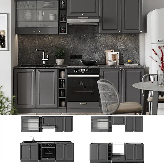 Vicco Küchenzeile Fame-Line Anthrazit-Gold Landhaus ohne Arbeitsplatte - Breite: 235 cm, Anthrazit-Gold Landhaus, Ohne Elektrogeräte - Dunkelgraue Küchenschrank-Set mit Backofen, Kochfeld, Spüle und Hängeschränken mit Glastüren.