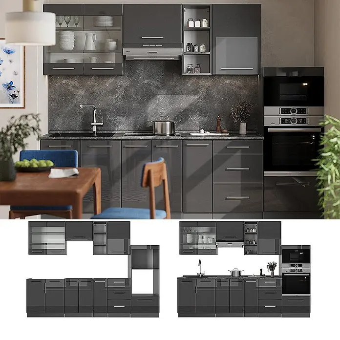 Vicco Küchenzeile Fame-Line Anthrazit Hochglanz ohne Arbeitsplatte - Breite: 280 cm, Anthrazit Hochglanz, Ohne Elektrogeräte - Graue Hochglanz-Küchenzeile in moderner Küche, mit integrierten Geräten und modularen Ober- und Unterschränken.
