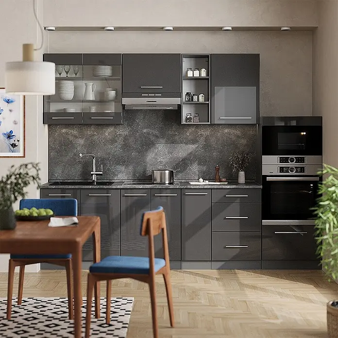 Vicco Küchenzeile Fame-Line Anthrazit Hochglanz ohne Arbeitsplatte - Breite: 280 cm, Anthrazit Hochglanz, Ohne Elektrogeräte - Elegante dunkelgraue Hochglanz-Küchenschränke mit integrierten Geräten und passender Arbeitsplatte in einem modernen Zuhause.