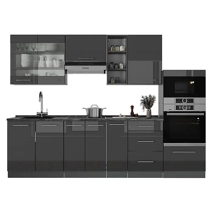 Vicco Küchenzeile Fame-Line Anthrazit Hochglanz ohne Arbeitsplatte - Breite: 280 cm, Anthrazit Hochglanz, Ohne Elektrogeräte - Moderne dunkelgraue Hochglanz-Einbauküche mit modularen Schränken, Spüle, Kochfeld, Dunstabzugshaube, Backofen und Mikrowelle.