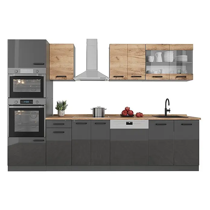 Vicco Küchenzeile R-Line, Goldkraft Eiche/Anthrazit, 300 cm -  - Moderne Küchenzeile mit hochglänzenden dunkelgrauen Unterschränken, hellen Holz-Wandschränken und Arbeitsplatte. Mit integrierten Öfen, Geschirrspüler, Spüle, Kochfeld und Dunstabzugshaube.