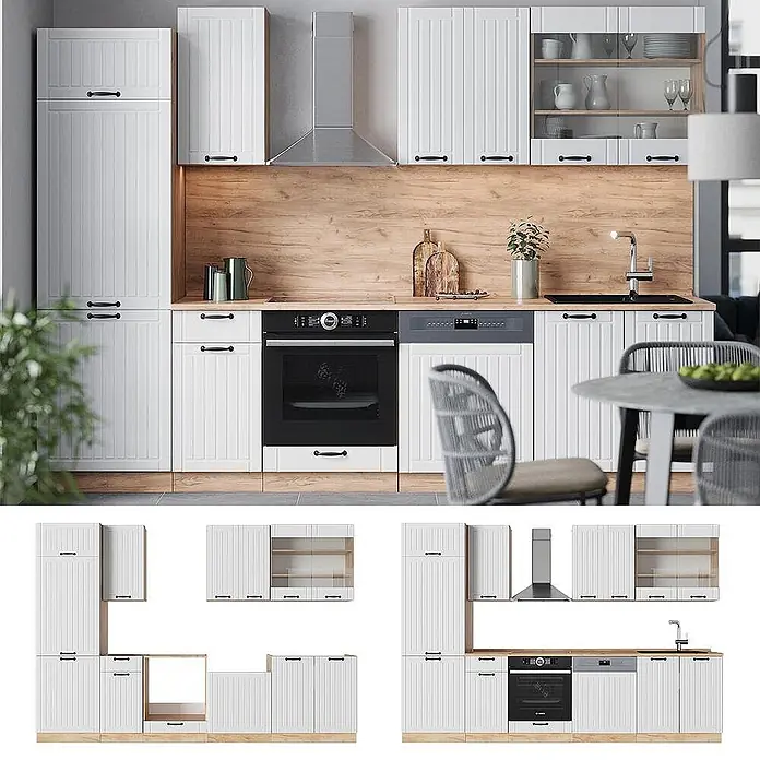 Vicco Küchenzeile Fame-Line Weiß Landhaus ohne Arbeitsplatte - Breite: 300 cm, Weiß Landhaus, Ohne Elektrogeräte - Weißes Küchenschrank-Set mit Holzplatte, schwarzen Griffen, integriertem Backofen, Spülmaschine und Spüle. Eine komplette Kücheneinrichtung.