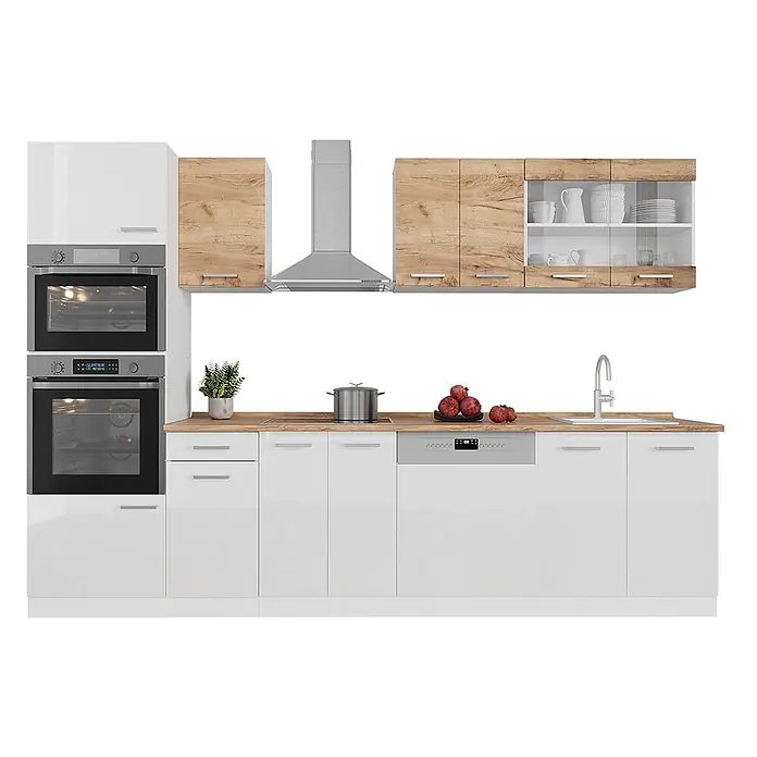Vicco Küchenzeile R-Line, Goldkraft Eiche/Weiß, 300 cm -  - Moderne Küche mit weißen Hochglanz- und hellen Holzschränken, integrierten Öfen, Geschirrspüler und Dunstabzugshaube aus Edelstahl.
