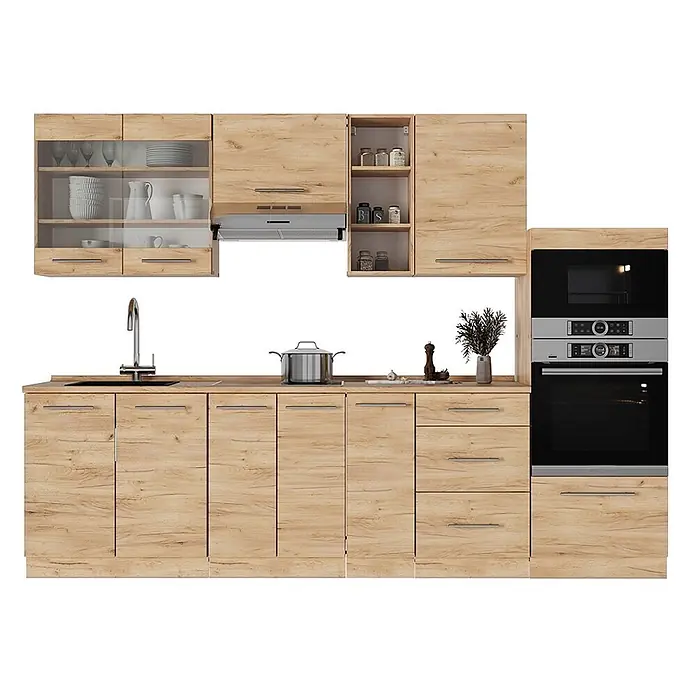 Küchenzeile Fame-Line 280 cm Goldkraft Eiche Art.-Nr. 57245 -  - Küchenzeile in heller Holzoptik mit Ober- und Unterschränken, Spüle, Dunstabzugshaube und integrierten Öfen.