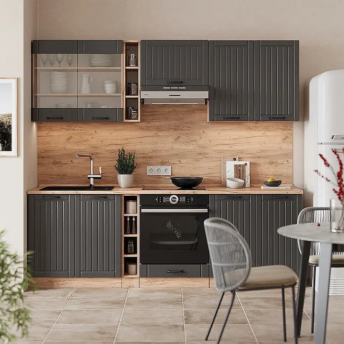 Vicco Küchenzeile Fame-Line Dunkelgrau, AP Eiche - Breite: 235 cm, Dunkelgrau, Ohne Elektrogeräte - Moderne Küche mit dunkelgrauen geriffelten Schränken, hellen Holz-Arbeitsplatten und Rückwand. Mit integriertem Ofen und Spüle.