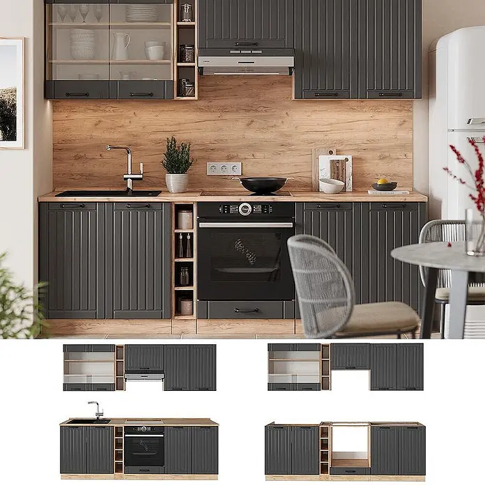 Vicco Küchenzeile Fame-Line Dunkelgrau, AP Eiche - Breite: 235 cm, Dunkelgrau, Ohne Elektrogeräte - Moderne dunkelgraue gerippte Küche mit Holzarbeitsplatten, integrierter Spüle, Backofen und Kochfeld.
