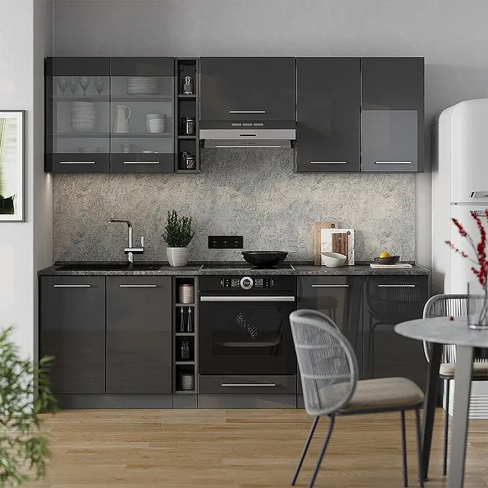 Vicco Küchenzeile Fame-Line Anthrazit Hochglanz ohne Arbeitsplatte - Breite: 235 cm, Anthrazit Hochglanz, Ohne Elektrogeräte - Moderne dunkelgraue Hochglanz-Küchenschränke mit integrierten Geräten und gesprenkelter Arbeitsplatte in einem zeitgenössischen Ambiente.