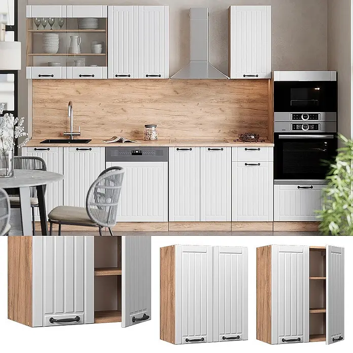 Vicco Hängeschrank Fame-Line, Weiß Landhaus, 60 cm -  - Moderne Küche mit weißen gerillten Schranktüren und Holzakzenten, inklusive Arbeitsplatte und Spritzschutz. Mit Einbaugeräten.