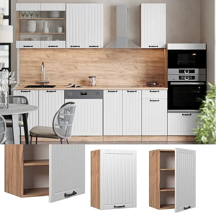 Vicco Hängeschrank Fame-Line, Weiß Landhaus, 50 cm -  - Weiße Lamellen-Küchenschränke mit schwarzen Griffen und Holz-Innenausstattung, in einer kompletten Küchenumgebung dargestellt.