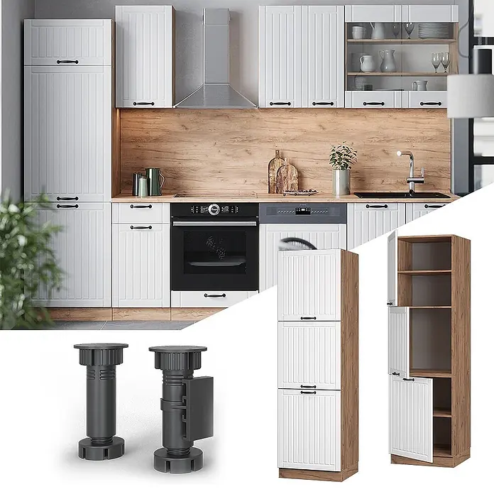 Vicco Vorratsschrank Fame-Line, Weiß Landhaus/Goldkraft Eiche 60 cm -  - Modulares Küchensystem mit weißen Lamellentüren, Holzdetails und schwarzen Griffen. Inklusive verstellbarer Möbelbeine und Hochschränke.