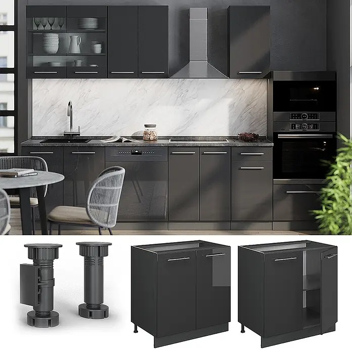 Vicco Küchenunterschrank Fame-Line, Anthrazit Hochglanz/Anthrazit 80 cm -  - Modulares, hochglänzendes, dunkelgraues Küchenschranksystem in moderner Küche, mit verstellbaren Füßen und Unterschränken.