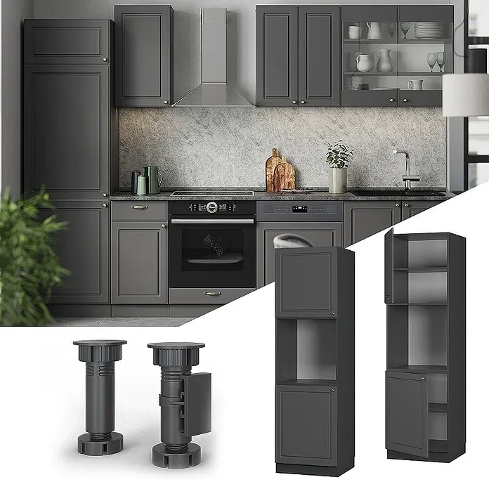 Vicco Herdumbauschrank Fame-Line, Anthrazit-Gold Landhaus, 60 cm -  - Dunkelgraue modulare Küchenschränke im modernen Design, in einer Küche installiert, dazu verstellbare Stützfüße und ein Hochschrank.