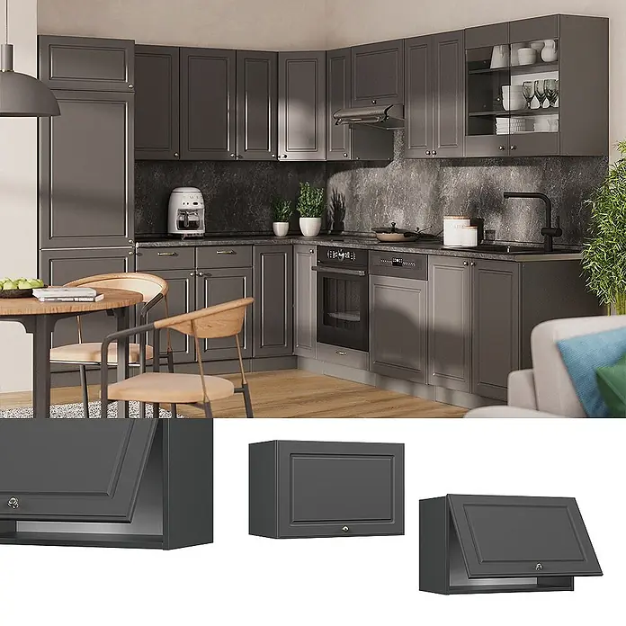 Vicco Hängeschrank Fame-Line, Anthrazit-Gold Landhaus, 60 cm -  - Dunkelgraue modulare Küchenschränke mit goldenen Griffen in kompletter Küche, teilweise mit Klapptüren.