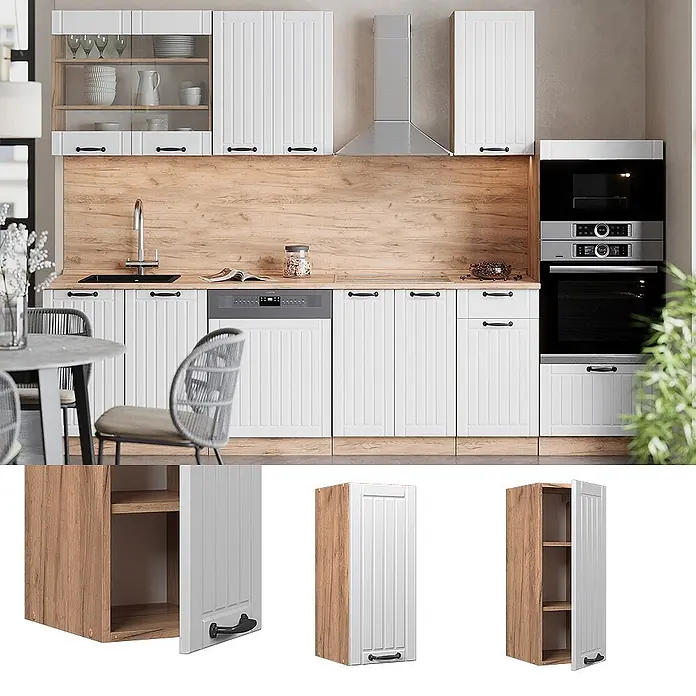 Vicco Hängeschrank Fame-Line, Weiß Landhaus, 30 cm -  - Weiße Küchenschränke mit Lamellenfronten, Holzoptik-Seiten, Arbeitsplatte und Rückwand, mit integrierten Geräten und schwarzen Griffen, für praktische Küchenaufbewahrung.