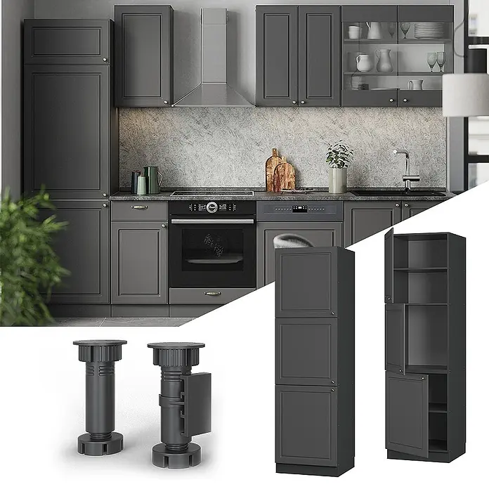 Vicco Vorratsschrank Fame-Line, Anthrazit-Gold Landhaus/Anthrazit 60 cm -  - Dunkelgraues Küchenschrank-Set mit klassischen Kassettentüren, in einer modernen Küche und als Einzelteile, inklusive verstellbarer Füße.