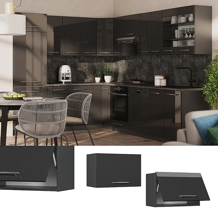 Vicco Schrankküche Fame-Line Anthrazit Hochglanz Flach - Breite: 60 cm, Anthrazit Hochglanz, Hängeschrank 60 cm (flach) - Modernes, dunkelgrau glänzendes Küchenschrank-Set mit verschiedenen Elementen, darunter ein Wandschrank mit Klapptür.