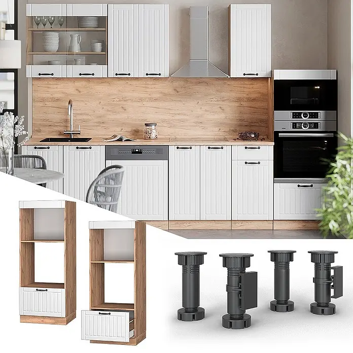 Vicco Mikrowellenschrank Fame-Line, Weiß Landhaus, 60 cm -  - Weiße Küchenschränke mit Holzelementen und schwarzen Griffen, dazu modulare Regaleinheiten und verstellbare Möbelfüße.