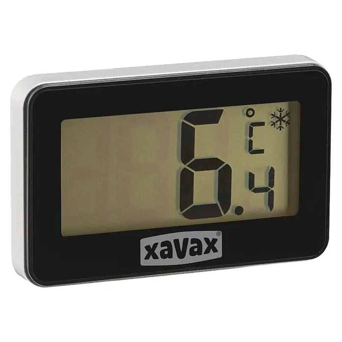 Hama Thermometer Xavax - Geeignet für: Kühlschrank, Schwarz - Digitales Thermometer mit silbergrauem Rahmen und schwarzem Display, das 6,4°C und ein Schneeflockensymbol anzeigt, Marke 'xavax'.