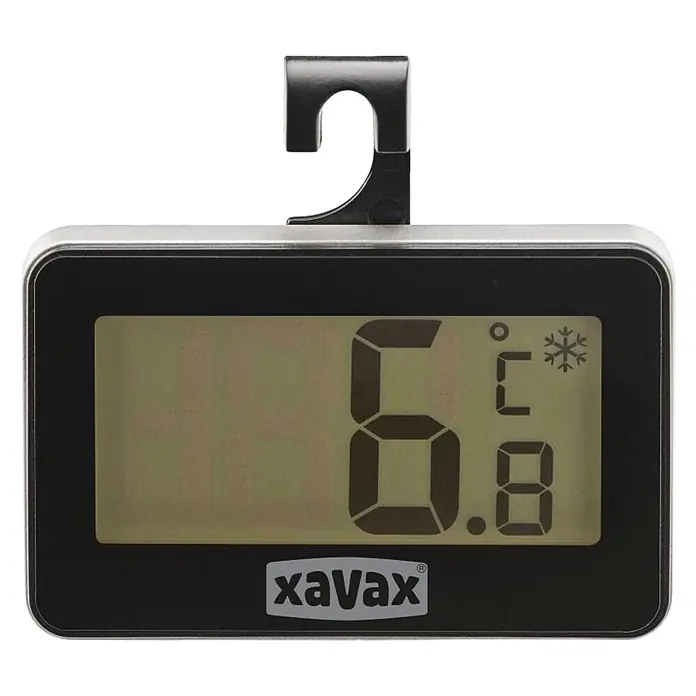 Hama Thermometer Xavax - Geeignet für: Kühlschrank, Schwarz - Schwarzes Digitalthermometer mit integriertem Haken, das 6.8°C und ein Schneeflockensymbol anzeigt.