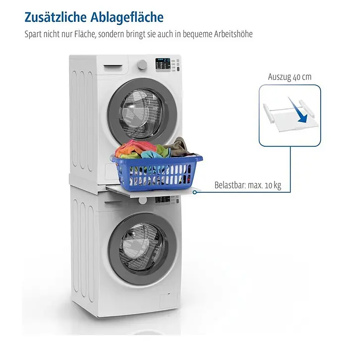 Xavax Zwischenbaurahmen - Passend für: Für Geräte mit einer Fläche von 55 x 60 cm - Weißer Zwischenbaurahmen mit ausziehbarer Arbeitsplatte für Waschmaschinen- und Trocknerstapel, 40 cm Auszug, max. 10 kg belastbar.