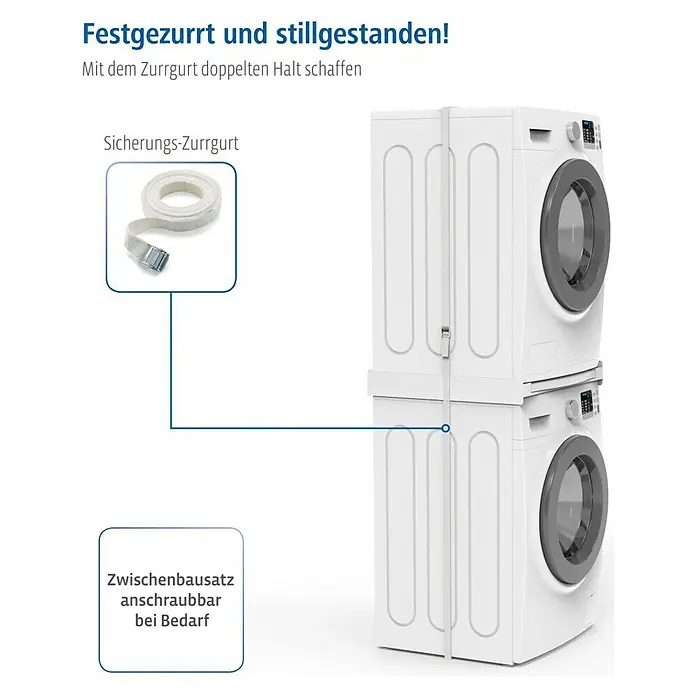 Xavax Zwischenbaurahmen - Passend für: Für Geräte mit einer Fläche von 55 x 60 cm - Weißer Zwischenbausatz mit Sicherungs-Zurrgurt für Waschmaschine und Trockner. Sorgt für stabilen, sicheren Stand.