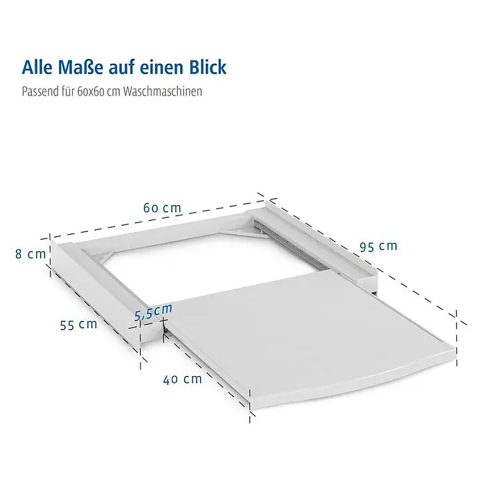Xavax Zwischenbaurahmen - Passend für: Für Geräte mit einer Fläche von 55 x 60 cm - Weißes Waschmaschinen-Untergestell mit ausziehbarer Ablage, 60 cm breit, 55 cm tiefes Gestell, 95 cm Gesamttiefe mit ausgezogener Ablage, 8 cm hoch.