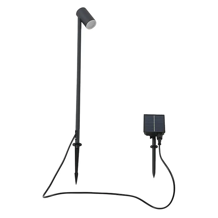 Lindby Erdspießleuchte Myric -  - Dunkelgrauer Solar-LED-Gartenspot mit Erdspieß, per Kabel mit einem separaten Solarpanel verbunden, ebenfalls mit Erdspieß.