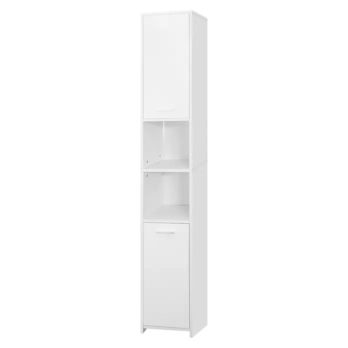 Badezimmerschrank Weiß 30x190x30 cm aus MDF -  - Hoher weißer Schrank mit zwei Türen und zwei offenen Fächern.
