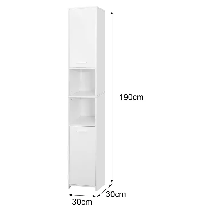 Badezimmerschrank Weiß 30x190x30 cm aus MDF -  - Weißer Hochschrank, 190x30x30cm, mit zwei geschlossenen und zwei offenen Fächern.
