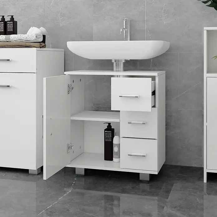 Waschbeckenunterschrank Weiß 60x60,8x33 cm mit Tür und 3 Schubladen -  - Weißer Badunterschrank mit Waschbecken, offener Tür, Regal und zwei Schubladen, daneben ein hoher Schrank.