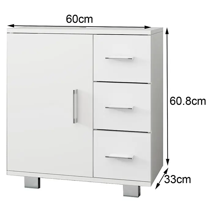 Waschbeckenunterschrank Weiß 60x60,8x33 cm mit Tür und 3 Schubladen -  - Weißer Hochglanzschrank mit einer Tür, drei Schubladen und silbernen Griffen. Maße: 60x60,8x33 cm.