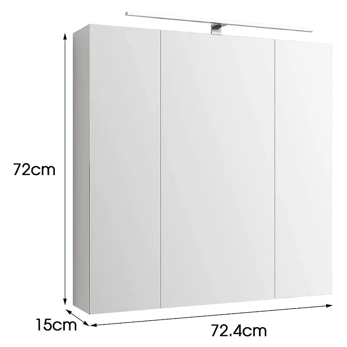 Spiegelschrank mit LED Beleuchtung 72,4x72x15 cm Weiß aus MDF -  - Weißer dreitüriger Badezimmerschrank mit integrierter LED-Leuchte, 72cm H x 72.4cm B x 15cm T.
