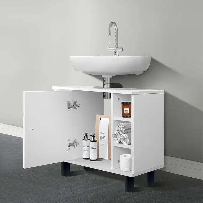 ML-Design Badmöbel-Set Badezimmerschrank mit Tür und 6 Ablagen Badschrank Waschtisch - Weiß - Weißer Badschrank mit Waschbecken, Armatur und Staufächern.