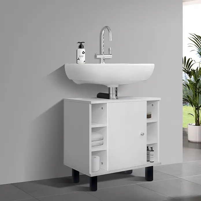ML-Design Badmöbel-Set Badezimmerschrank mit Tür und 6 Ablagen Badschrank Waschtisch - Weiß - Weißer Badunterschrank mit Keramikwaschbecken, Chromarmatur und integriertem Stauschrank mit Regalen, auf schwarzen Beinen.