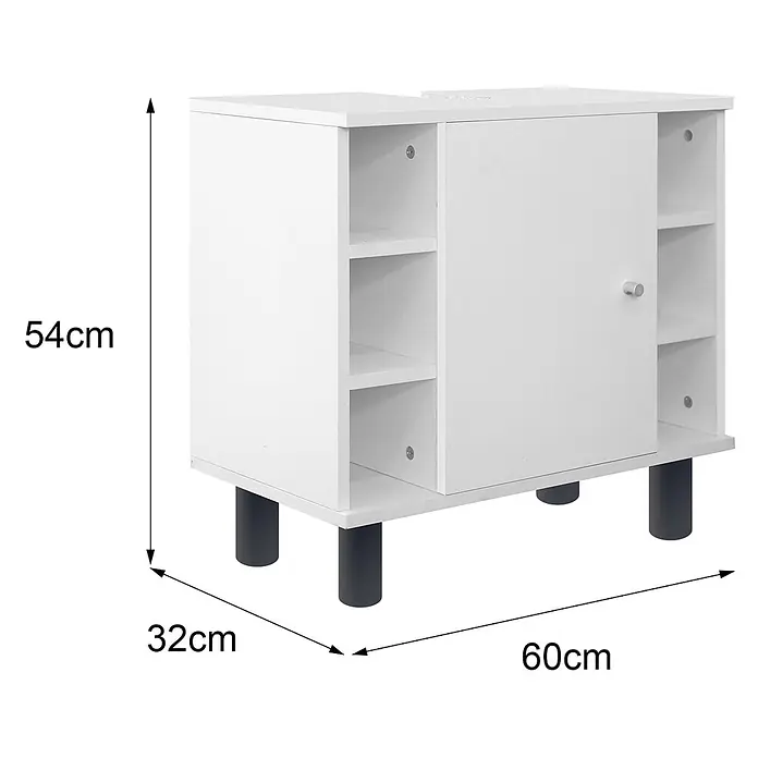 ML-Design Badmöbel-Set Badezimmerschrank mit Tür und 6 Ablagen Badschrank Waschtisch - Weiß - Weißer Holzschrank mit offenen Regalen, einer zentralen Tür, schwarzen Beinen und Gesamtmaßen von 60x32x54cm.