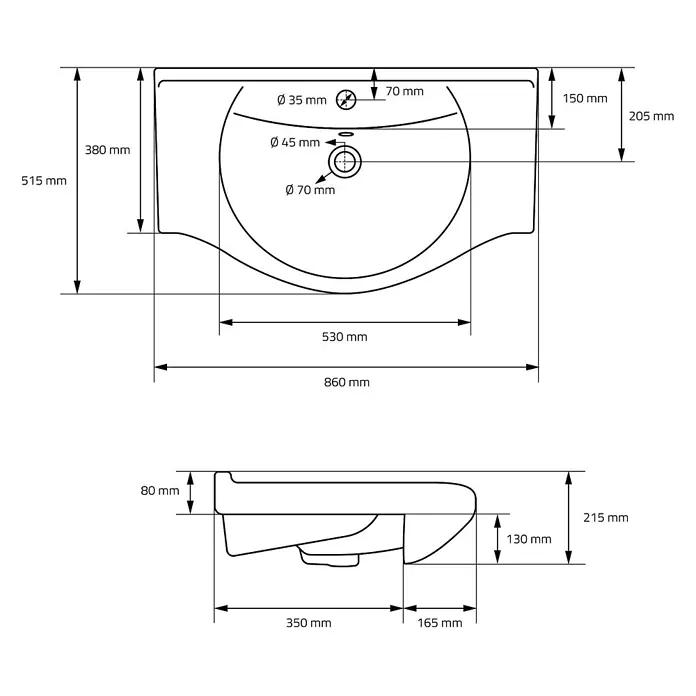LuxeBath Waschbecken aus Keramik Weiß 86x21,5x51,5 cm Einbauwaschtisch -  - Technische Zeichnung eines rechteckigen Keramikwaschbeckens mit integriertem Becken und Maßen.