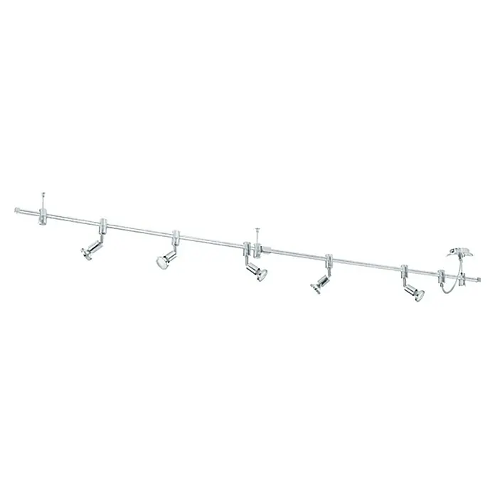Eglo LED-Schienensystem Vilanova - 3 W, 200 cm, GU10 - Abbildung einer silbernen Schienenleuchte mit mehreren Strahlern, die an einer Stange befestigt sind und eine flexible Beleuchtungslösung bietet.