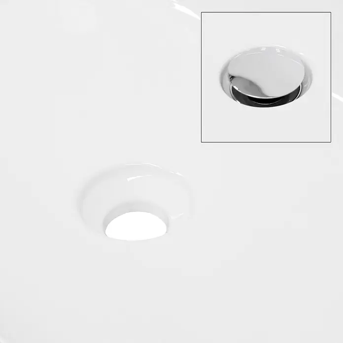 LuxeBath Waschbecken Keramik 605x380x145 mm oval, Weiß Design Waschtisch -  - Weiße Abflussöffnung, mit einem Einsatz, der einen verchromten Pop-up-Stopfen zeigt.