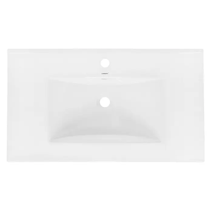 LuxeBath Waschbecken 810x465x175 mm Keramik Weiß mit Ablaufgarnitur -  - Weiße Waschtischplatte mit integriertem Waschbecken, Einzelloch für Armatur, Überlauf und Abfluss. LUXEBATH-Marke sichtbar.