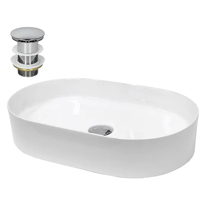 LuxeBath Waschbecken Keramik 605x380x125 mm Oval Weiß Ablaufgarnitur -  - Weißes ovales Keramik-Aufsatzwaschbecken mit Chrom-Pop-up-Ablaufgarnitur.