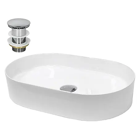 LuxeBath Waschbecken Keramik 605x380x125 mm Oval Weiß Ablaufgarnitur