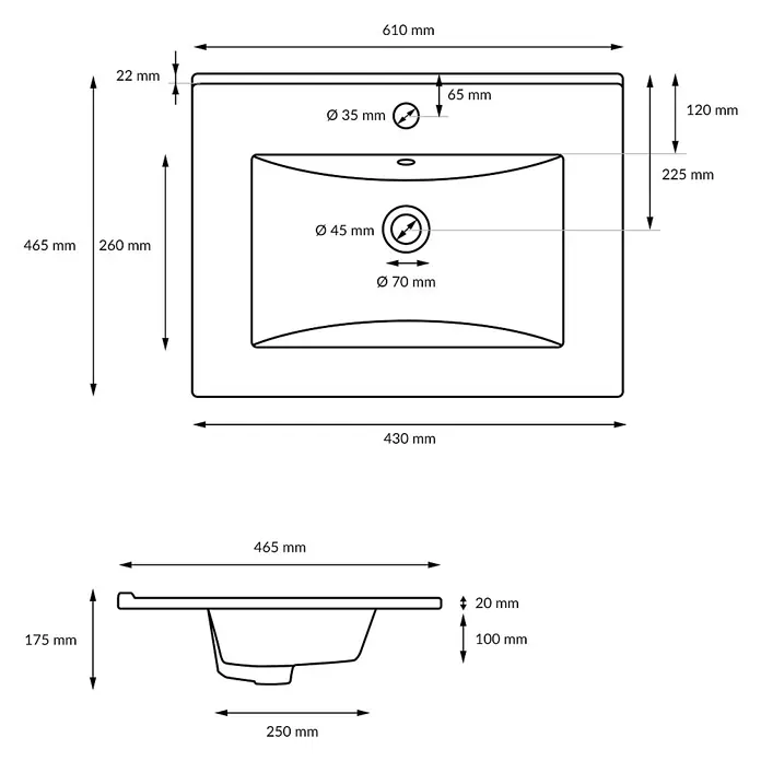 LuxeBath Waschbecken Waschtisch 610 x 465 x 175 mm Keramik Weiß -  - Technische Zeichnung eines weißen rechteckigen Waschbeckens mit abgerundeten Kanten, Draufsicht und Seitenansicht mit Maßen.