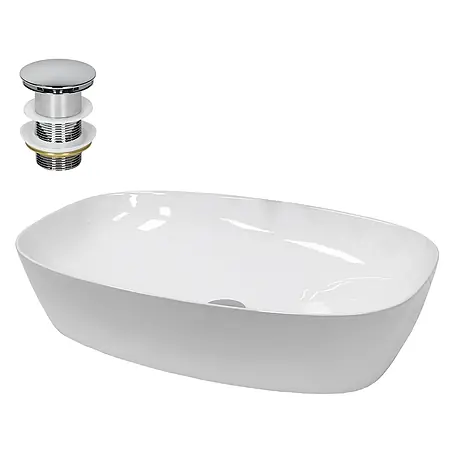 ECD Germany Waschbecken Oval 605x380x140 mm Weiß mit Ablaufgarnitur