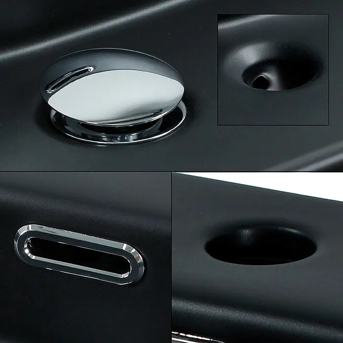 ML-Design Waschbecken Keramik Schwarz Matt 605x365x130mm mit Ablaufgarnitur -  - Mattschwarzes Waschbecken mit Chrom-Ablaufgarnitur und rechteckigem Überlauf. Detailansichten des Abflusslochs.