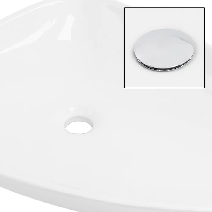 LuxeBath Aufsatzwaschbecken Waschtisch aus Keramik für Badezimmer / Gäste-WC - 46 x 69 cm, Ohne Spezialglasur, Weiß - Weißes Keramikwaschbecken mit rundem Abflussloch. Einsatz zeigt einen glänzenden Chrom-Pop-up-Ablaufstöpsel.