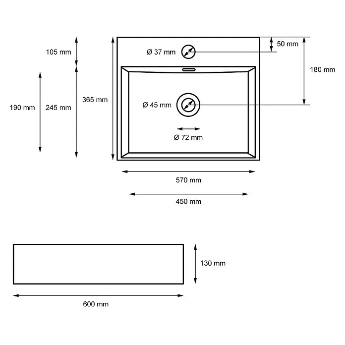 ML-Design Waschbecken Keramik Schwarz Matt 605x365x130mm mit Ablaufgarnitur -  - Technische Zeichnung eines rechteckigen Waschbeckens mit Maßen für Installation, Ausschnitt und Lochpositionen.