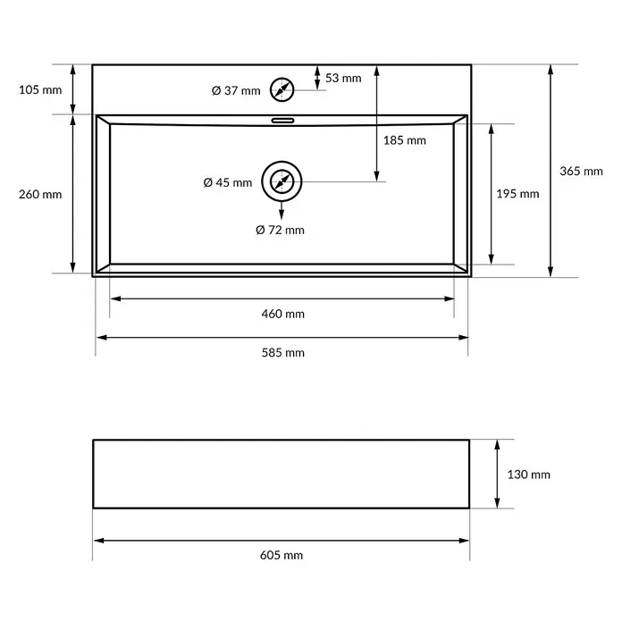LuxeBath Waschbecken Keramik Waschtisch - 605x365x130 mm - Eckig -  - Technische Zeichnung eines rechteckigen Waschbeckens mit Maßen für Länge, Breite, Tiefe und Lochgrößen für die Installation.