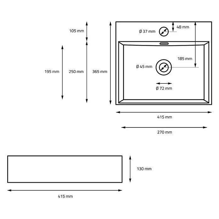 LuxeBath Waschbecken Keramik Schwarz 415x360x130mm Ablaufgarnitur -  - Technische Zeichnung eines rechteckigen Waschbeckens, Maße 415x365x130mm. Mit Ø37mm Hahnloch und Ø45mm Abflussöffnung.